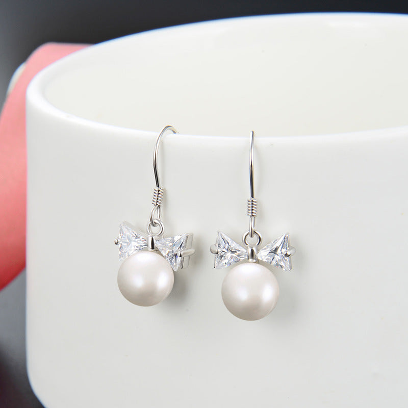 S925 Sterling Silver Bow Pearl Drop Earrings - Korean Geometric Dangle Earrings for Women