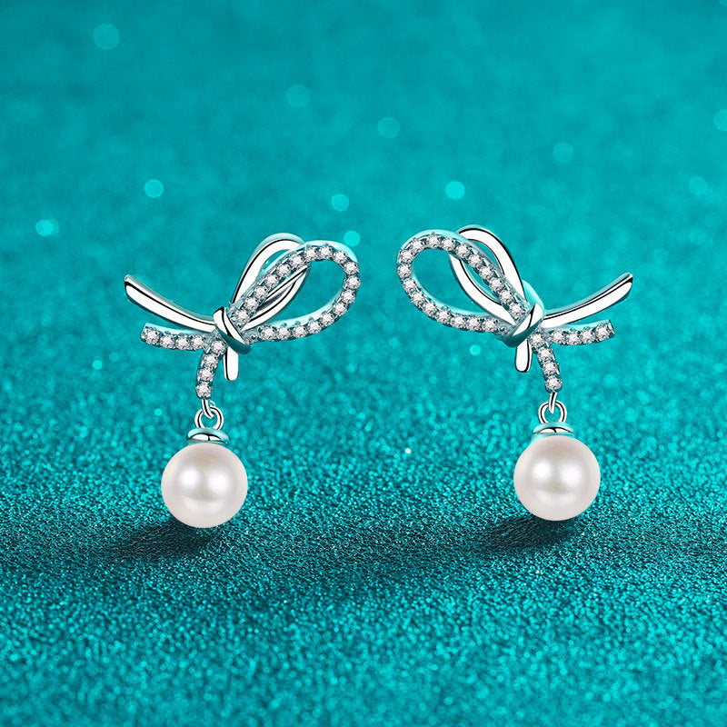 S925 Sterling Silver Bow Stud Earrings - 0.28ct Moissanite & 7-8mm Freshwater Pearls
