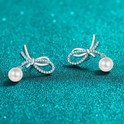 S925 Sterling Silver Bow Stud Earrings - 0.28ct Moissanite & 7-8mm Freshwater Pearls
