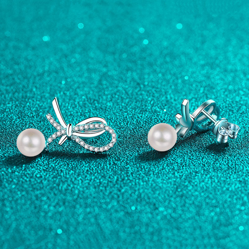 S925 Sterling Silver Bow Stud Earrings - 0.28ct Moissanite & 7-8mm Freshwater Pearls