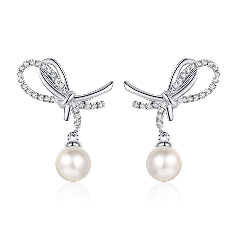 S925 Sterling Silver Bow Stud Earrings - 0.28ct Moissanite & 7-8mm Freshwater Pearls
