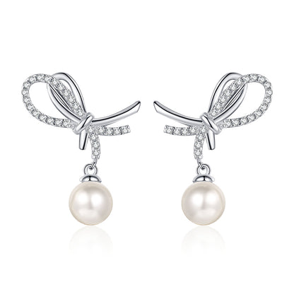 S925 Sterling Silver Bow Stud Earrings - 0.28ct Moissanite & 7-8mm Freshwater Pearls