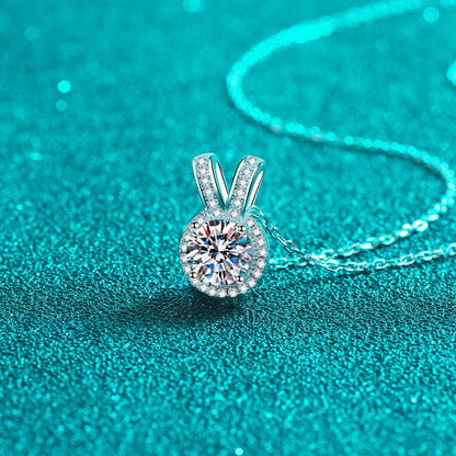 S925 Sterling Silver Bunny Ear Pendant Necklace - 1CT Moissanite Sweet & Chic Chain