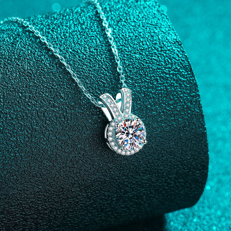 S925 Sterling Silver Bunny Ear Pendant Necklace - 1CT Moissanite Sweet & Chic Chain
