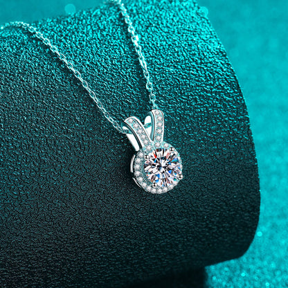 S925 Sterling Silver Bunny Ear Pendant Necklace - 1CT Moissanite Sweet & Chic Chain