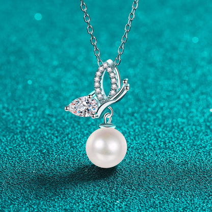 S925 Sterling Silver Butterfly Wing Necklace - 56-Point Moissanite & Pearl Pendant Princess-Style Layered Choker