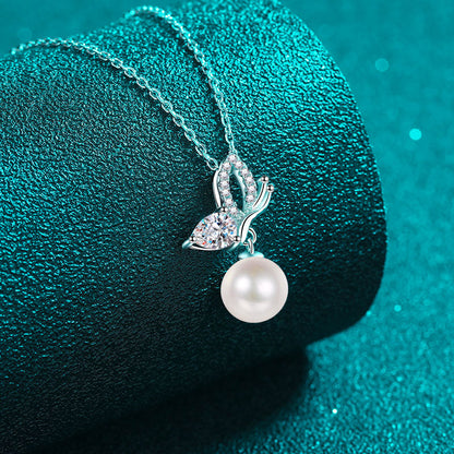 S925 Sterling Silver Butterfly Wing Necklace - 56-Point Moissanite & Pearl Pendant Princess-Style Layered Choker