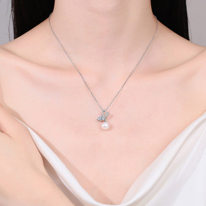 S925 Sterling Silver Butterfly Wing Necklace - 56-Point Moissanite & Pearl Pendant Princess-Style Layered Choker