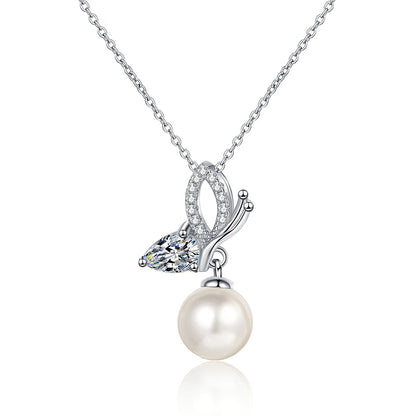 S925 Sterling Silver Butterfly Wing Necklace - 56-Point Moissanite & Pearl Pendant Princess-Style Layered Choker