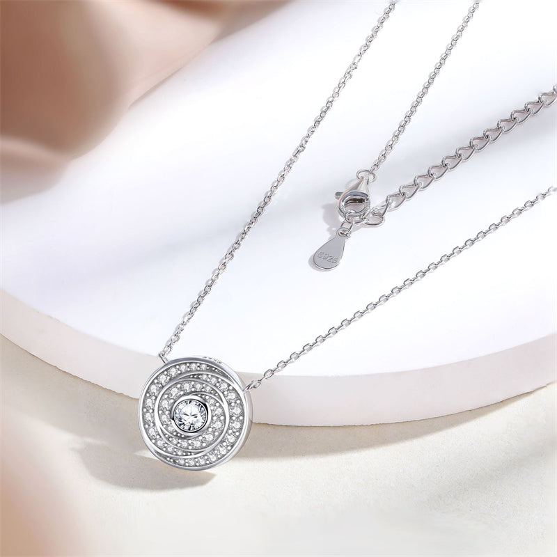 S925 Sterling Silver Celestial Pendant Necklace - Elegant Round Zirconia Collarbone Chain