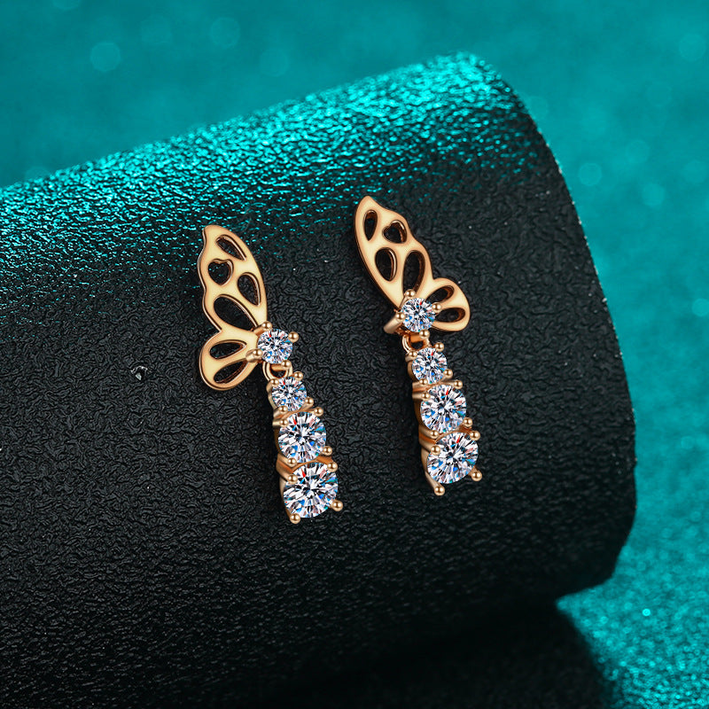 S925 Sterling Silver Champagne Gold Butterfly Moissanite Stud Earrings - 1.24CT Floral Elegance