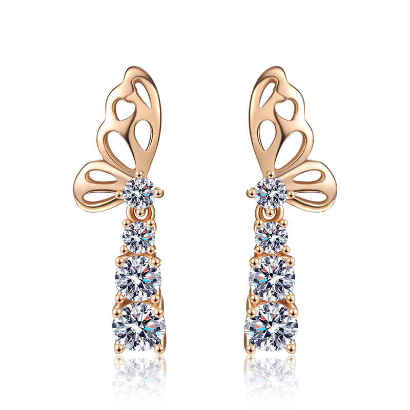 S925 Sterling Silver Champagne Gold Butterfly Moissanite Stud Earrings - 1.24CT Floral Elegance