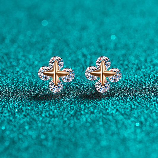 S925 Sterling Silver Champagne Gold Moissanite Star Earrings - 0.8ct Movable Floral Studs