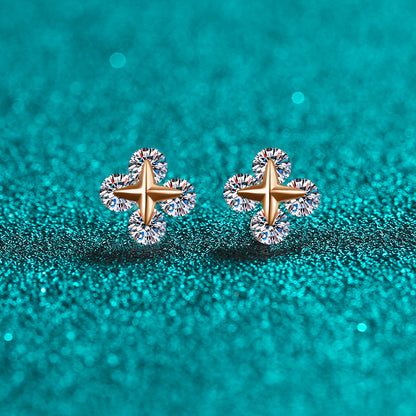 S925 Sterling Silver Champagne Gold Moissanite Star Earrings - 0.8ct Movable Floral Studs