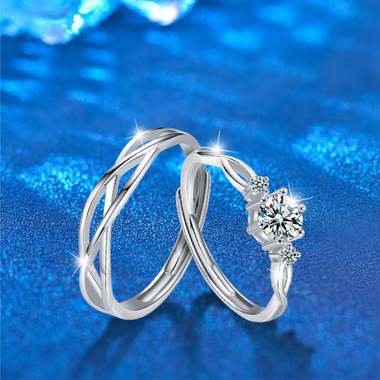 S925 Sterling Silver Channel Set Couple Rings - Her 1ct Moissanite & His Plain Band Adjustable Minimalist Wedding Set