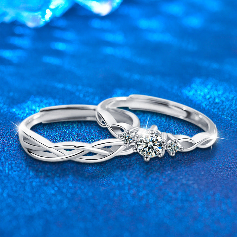 S925 Sterling Silver Channel Set Couple Rings - Her 1ct Moissanite & His Plain Band Adjustable Minimalist Wedding Set