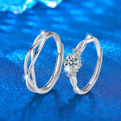 S925 Sterling Silver Channel Set Couple Rings - Her 1ct Moissanite & His Plain Band Adjustable Minimalist Wedding Set