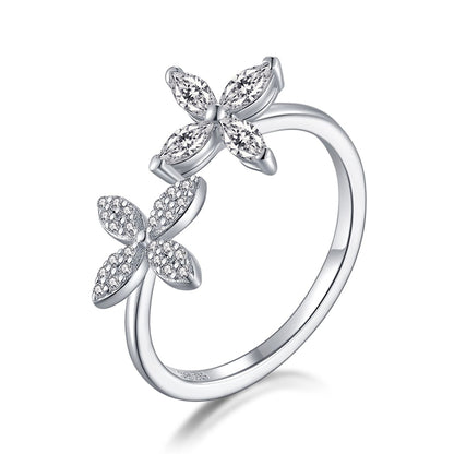S925 Sterling Silver Clover Adjustable Ring - Elegant Four-Leaf Open Band for Women
