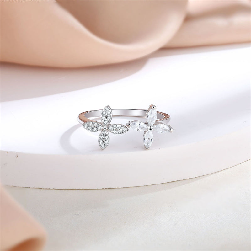 S925 Sterling Silver Clover Adjustable Ring - Elegant Four-Leaf Open Band for Women
