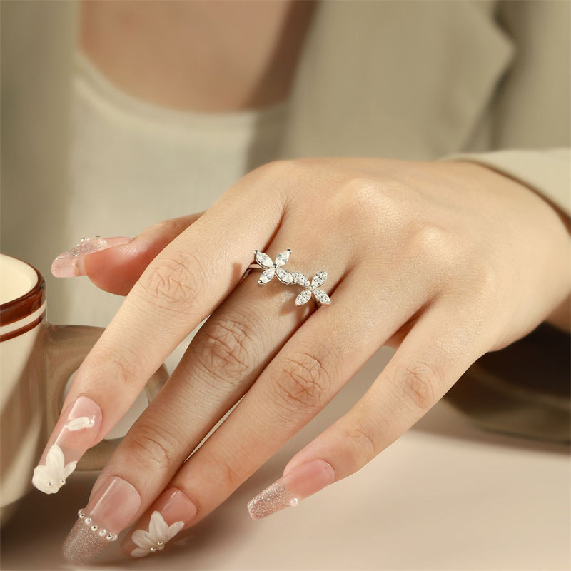 S925 Sterling Silver Clover Adjustable Ring - Elegant Four-Leaf Open Band for Women