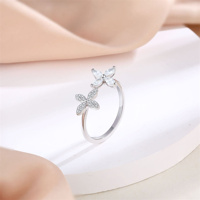 S925 Sterling Silver Clover Adjustable Ring - Elegant Four-Leaf Open Band for Women