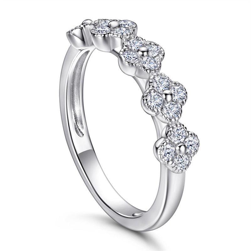 S925 Sterling Silver Clover Pavé Ring - Delicate Four-Leaf Zirconia Stackable Band