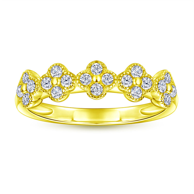 S925 Sterling Silver Clover Pavé Ring - Delicate Four-Leaf Zirconia Stackable Band
