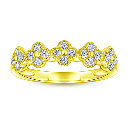 S925 Sterling Silver Clover Pavé Ring - Delicate Four-Leaf Zirconia Stackable Band