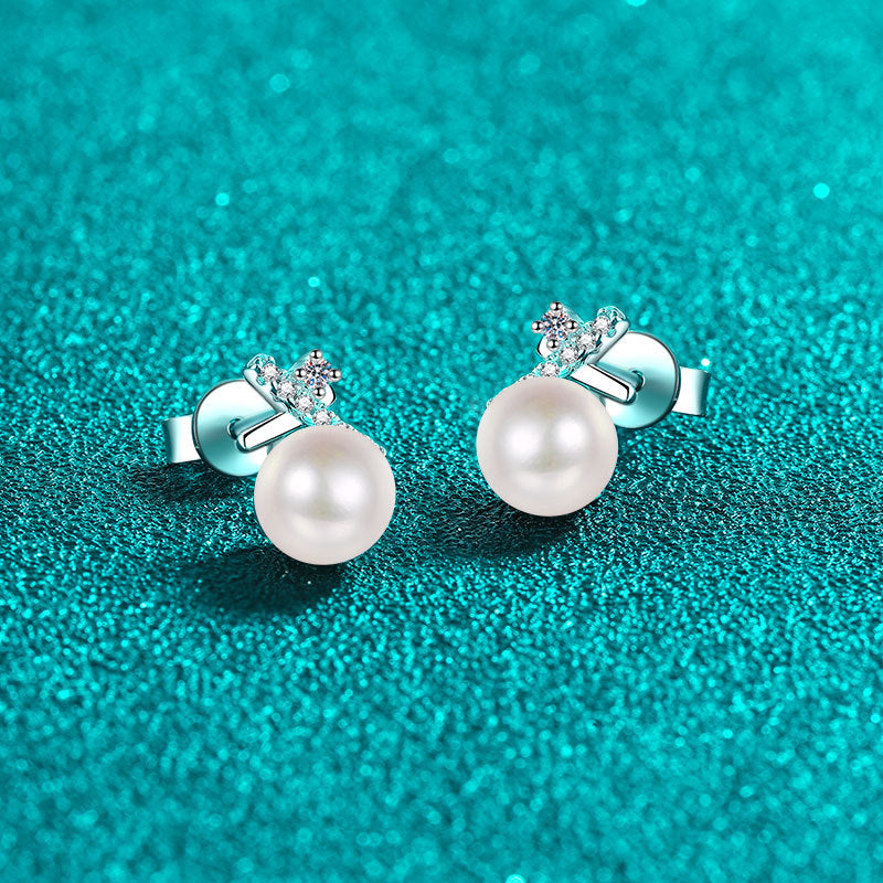 S925 Sterling Silver Crossed Wave Stud Earrings - 0.10ct Moissanite & 6-7mm Freshwater Pearls
