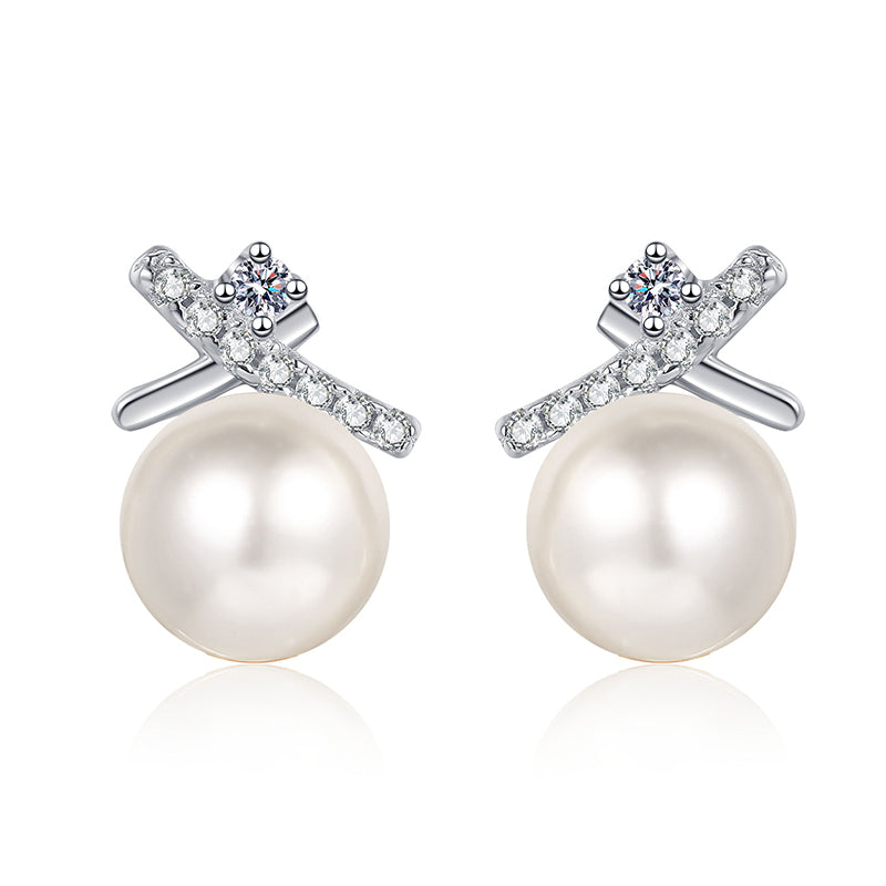 S925 Sterling Silver Crossed Wave Stud Earrings - 0.10ct Moissanite & 6-7mm Freshwater Pearls