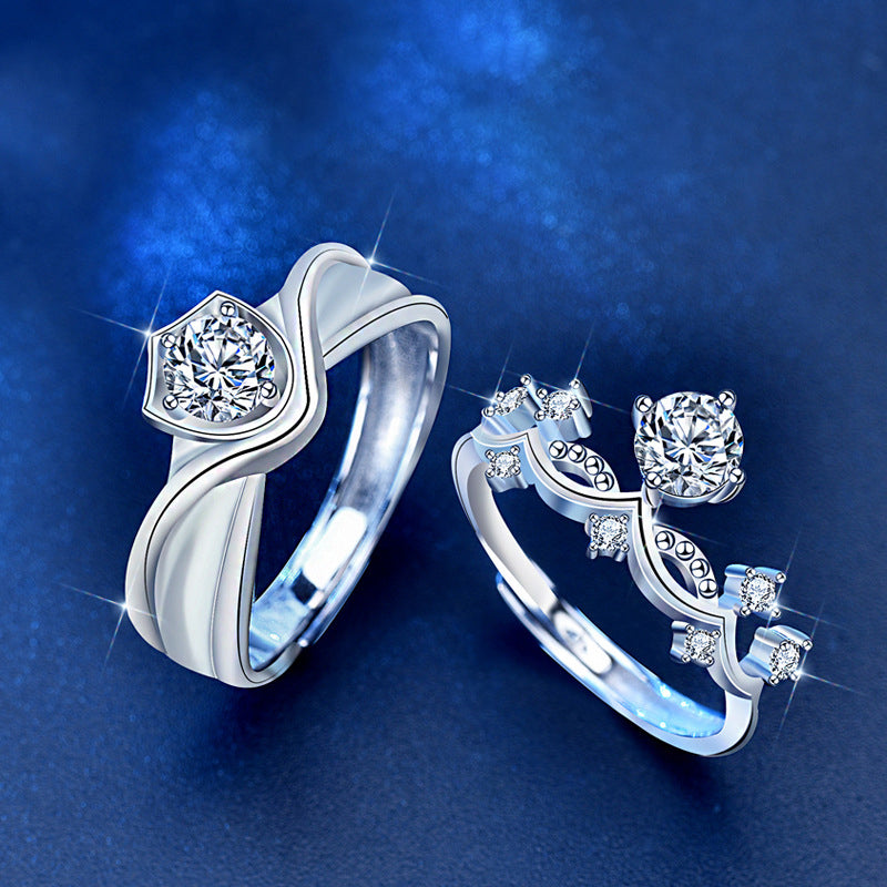 S925 Sterling Silver Crown Couple Rings with 0.5ct Moissanite Adjustable Matching Promise Rings in White Gold Plated Elegant Design