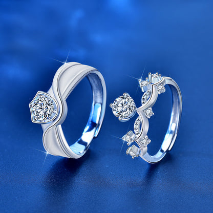 S925 Sterling Silver Crown Couple Rings with 0.5ct Moissanite Adjustable Matching Promise Rings in White Gold Plated Elegant Design