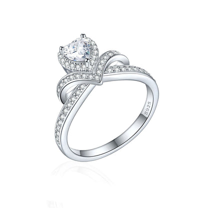 S925 Sterling Silver Crown Heart Ring - Regal Bridal Jewelry with Pavé Zirconia
