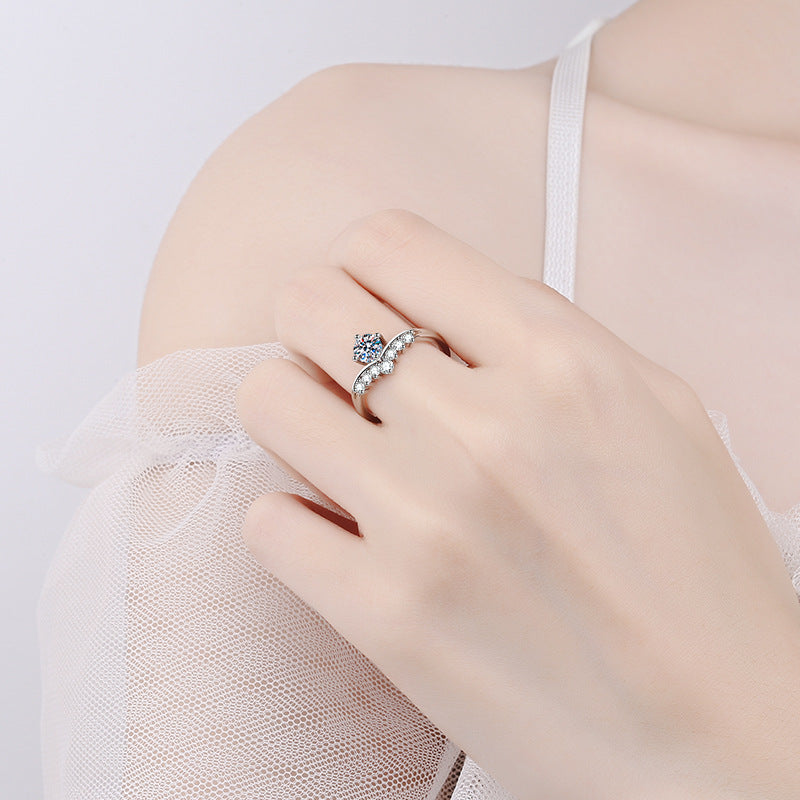 S925 Sterling Silver Crown Princess Ring with Moissanite - Versatile Minimalist Instagram Style Women's Ring