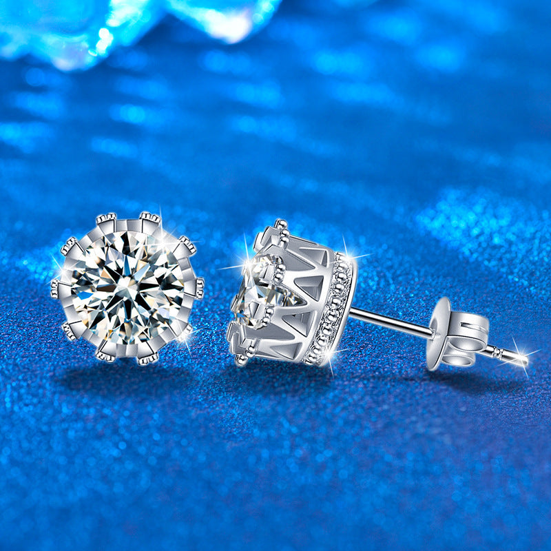 S925 Sterling Silver Crown Stud Earrings with 0.5ct Moissanite White Gold Plated Minimalist Royal Jewelry for Women