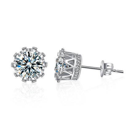 S925 Sterling Silver Crown Stud Earrings with 0.5ct Moissanite White Gold Plated Minimalist Royal Jewelry for Women