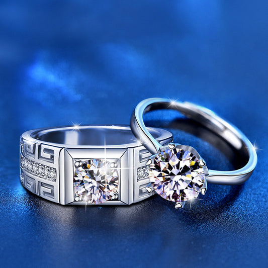 S925 Sterling Silver Crown & Diamond-Cut Couple Rings - His & Hers 2ct Moissanite Bold Statement Bands (Size 8-13/Adjustable)