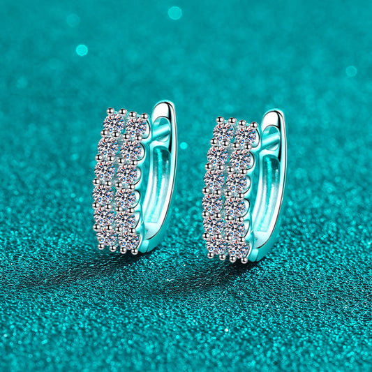 S925 Sterling Silver Double Row Moissanite Stud Earrings - 0.72ct Full Pavé Geometric Everyday Hoops