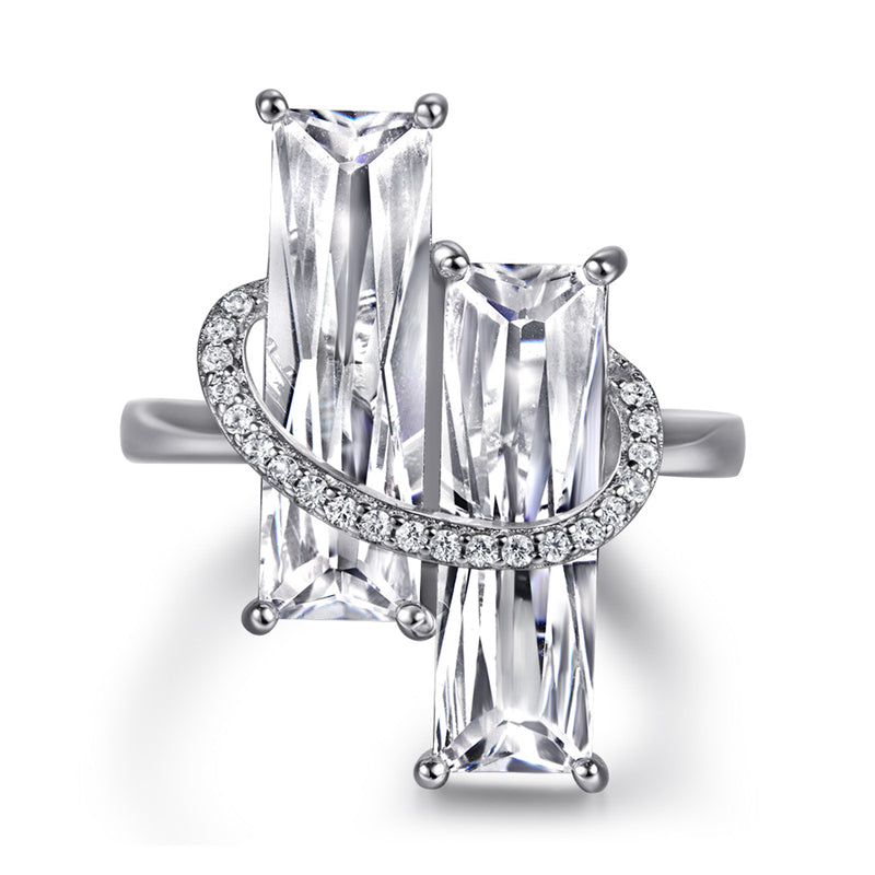 S925 Sterling Silver Emerald Cut Zirconia Ring - Elegant Geometric Jewelry for Women