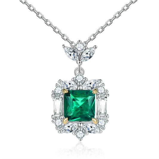 S925 Sterling Silver Emerald Zircon Pendant Necklace - Elegant Green Gemstone Collarbone Chain