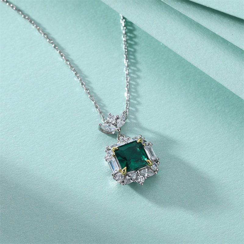 S925 Sterling Silver Emerald Zircon Pendant Necklace - Elegant Green Gemstone Collarbone Chain
