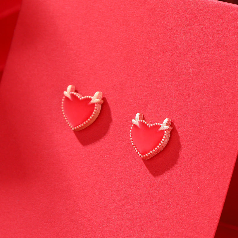 S925 Sterling Silver Enamel Heart Stud Earrings - Vintage Geometric Love Earrings with Plastic Stoppers