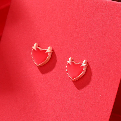 S925 Sterling Silver Enamel Heart Stud Earrings - Vintage Geometric Love Earrings with Plastic Stoppers