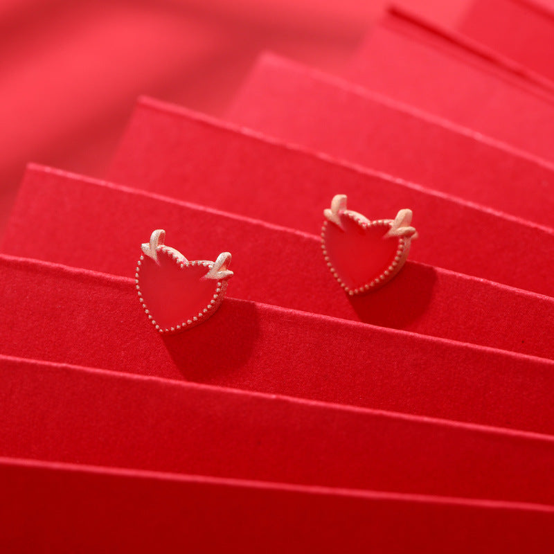 S925 Sterling Silver Enamel Heart Stud Earrings - Vintage Geometric Love Earrings with Plastic Stoppers