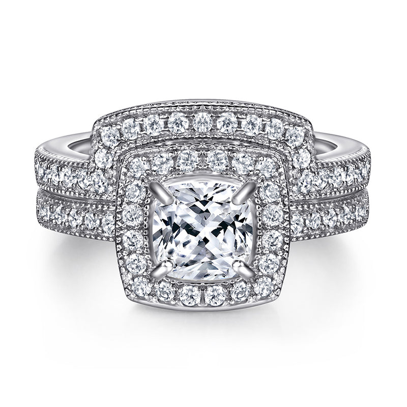 S925 Sterling Silver Engagement Ring Set - Geometric Zirconia Stackable Rings for Women