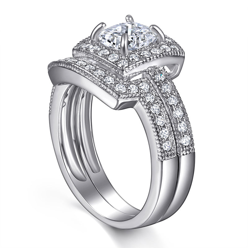 S925 Sterling Silver Engagement Ring Set - Geometric Zirconia Stackable Rings for Women