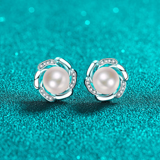 S925 Sterling Silver Floral Bud Stud Earrings - 0.15ct Moissanite & 8-9mm Freshwater Pearls