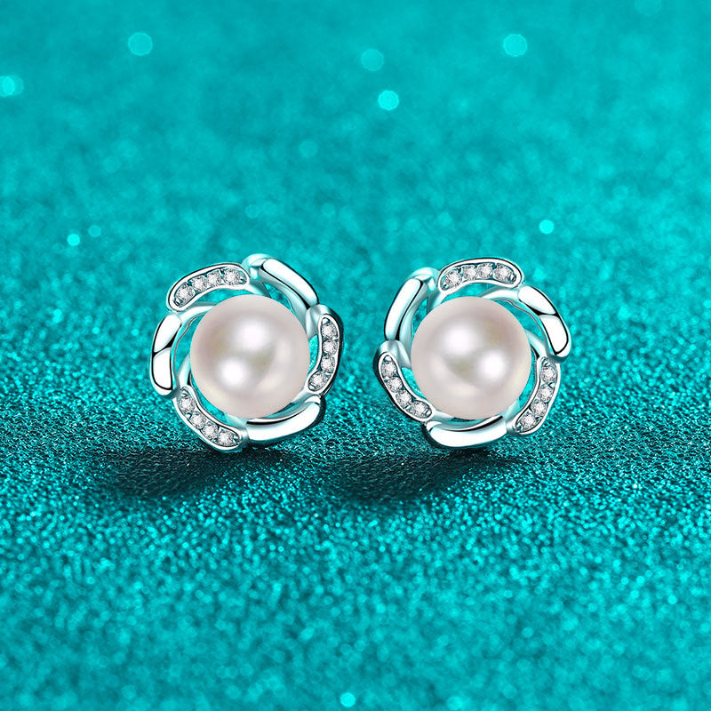 S925 Sterling Silver Floral Bud Stud Earrings - 0.15ct Moissanite & 8-9mm Freshwater Pearls