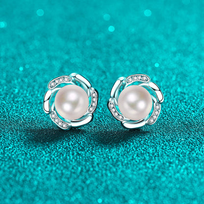 S925 Sterling Silver Floral Bud Stud Earrings - 0.15ct Moissanite & 8-9mm Freshwater Pearls