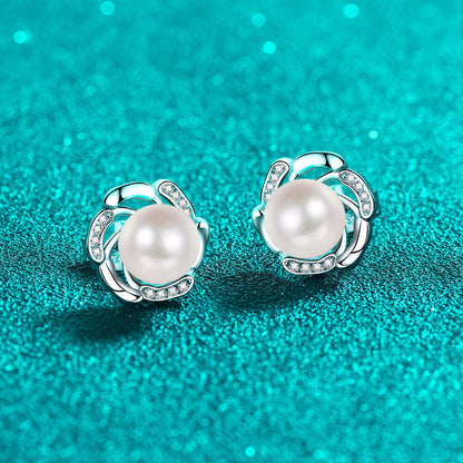 S925 Sterling Silver Floral Bud Stud Earrings - 0.15ct Moissanite & 8-9mm Freshwater Pearls